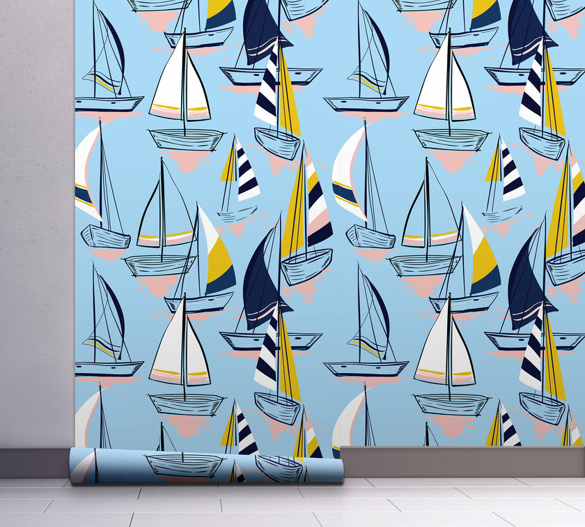 GW1022 Sailboats at Sunset Peel and Stick Wallpaper Roll 19 inch Wide x 18 ft. Long Light Blue Navy Yellow