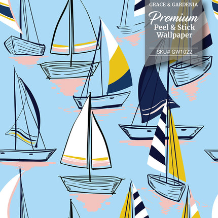 GW1022 Sailboats at Sunset Peel and Stick Wallpaper Roll 19 inch Wide x 18 ft. Long Light Blue Navy Yellow