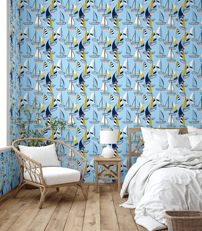 GW1022 Sailboats at Sunset Peel and Stick Wallpaper Roll 19 inch Wide x 18 ft. Long Light Blue Navy Yellow