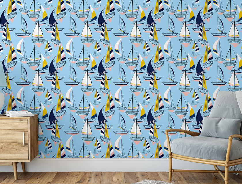 GW1022 Sailboats at Sunset Peel and Stick Wallpaper Roll 19 inch Wide x 18 ft. Long Light Blue Navy Yellow