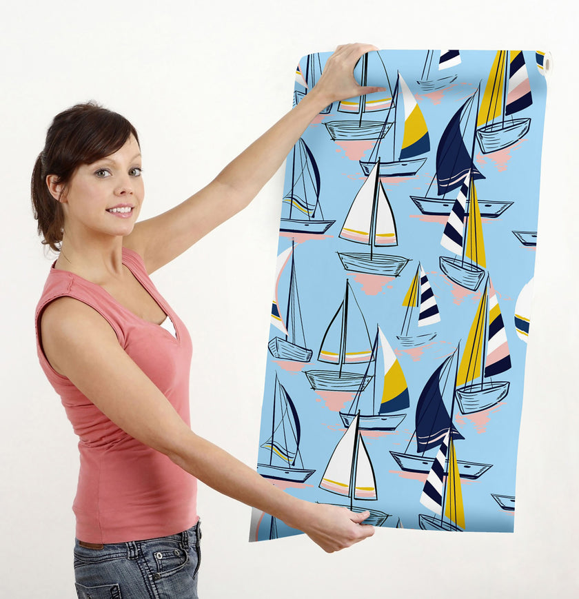 GW1022 Sailboats at Sunset Peel and Stick Wallpaper Roll 19 inch Wide x 18 ft. Long Light Blue Navy Yellow