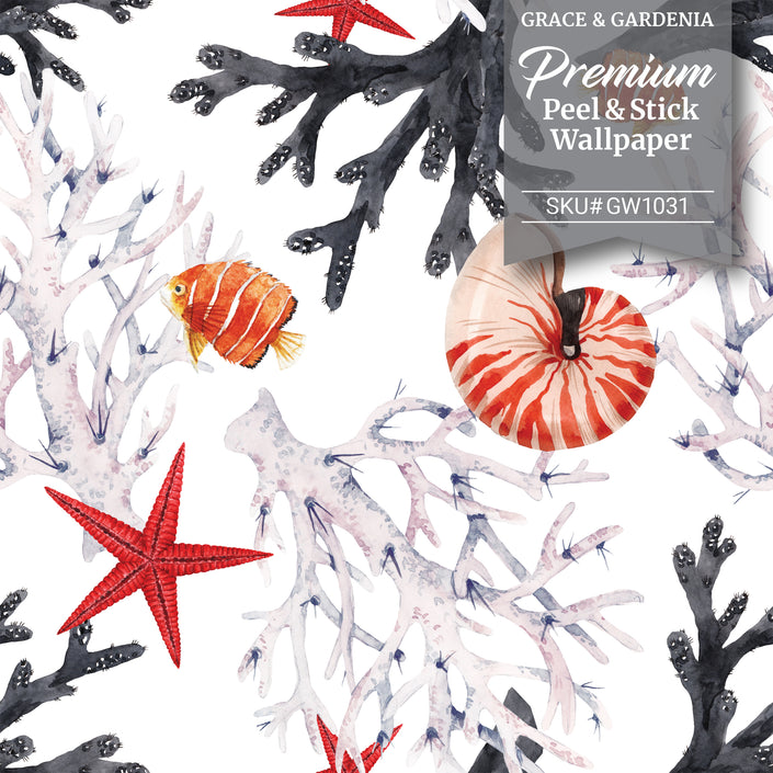 GW1031 Coral Under the Sea Peel and Stick Wallpaper Roll 20.5 inch Wide x 18 ft. Long, Black/White/Orange/Red