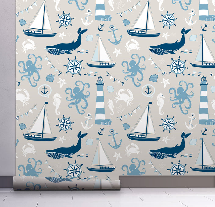 GW1041 By the Sea Peel and Stick Wallpaper Roll 19 inch Wide x 18 ft. Long Light Blue Navy White Cream
