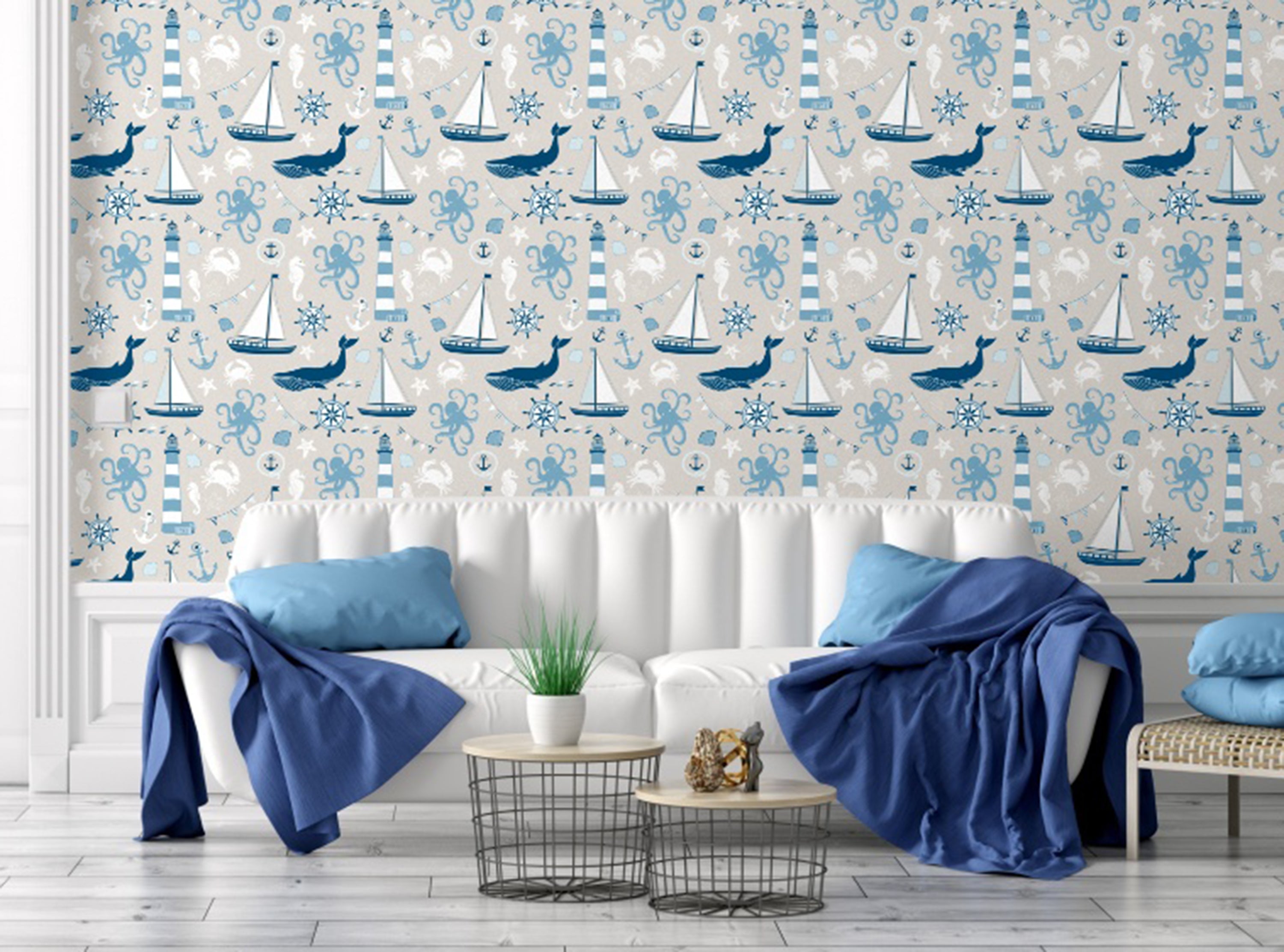 GW1041 By the Sea Peel and Stick Wallpaper Roll 20.5 inch Wide x 18 ft. Long, Light Blue Navy White Cream