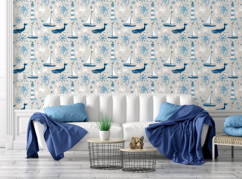 GW1041 By the Sea Peel and Stick Wallpaper Roll 19 inch Wide x 18 ft. Long Light Blue Navy White Cream