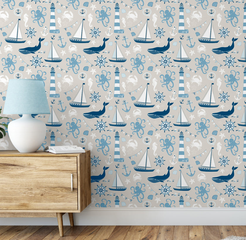 GW1041 By the Sea Peel and Stick Wallpaper Roll 19 inch Wide x 18 ft. Long Light Blue Navy White Cream