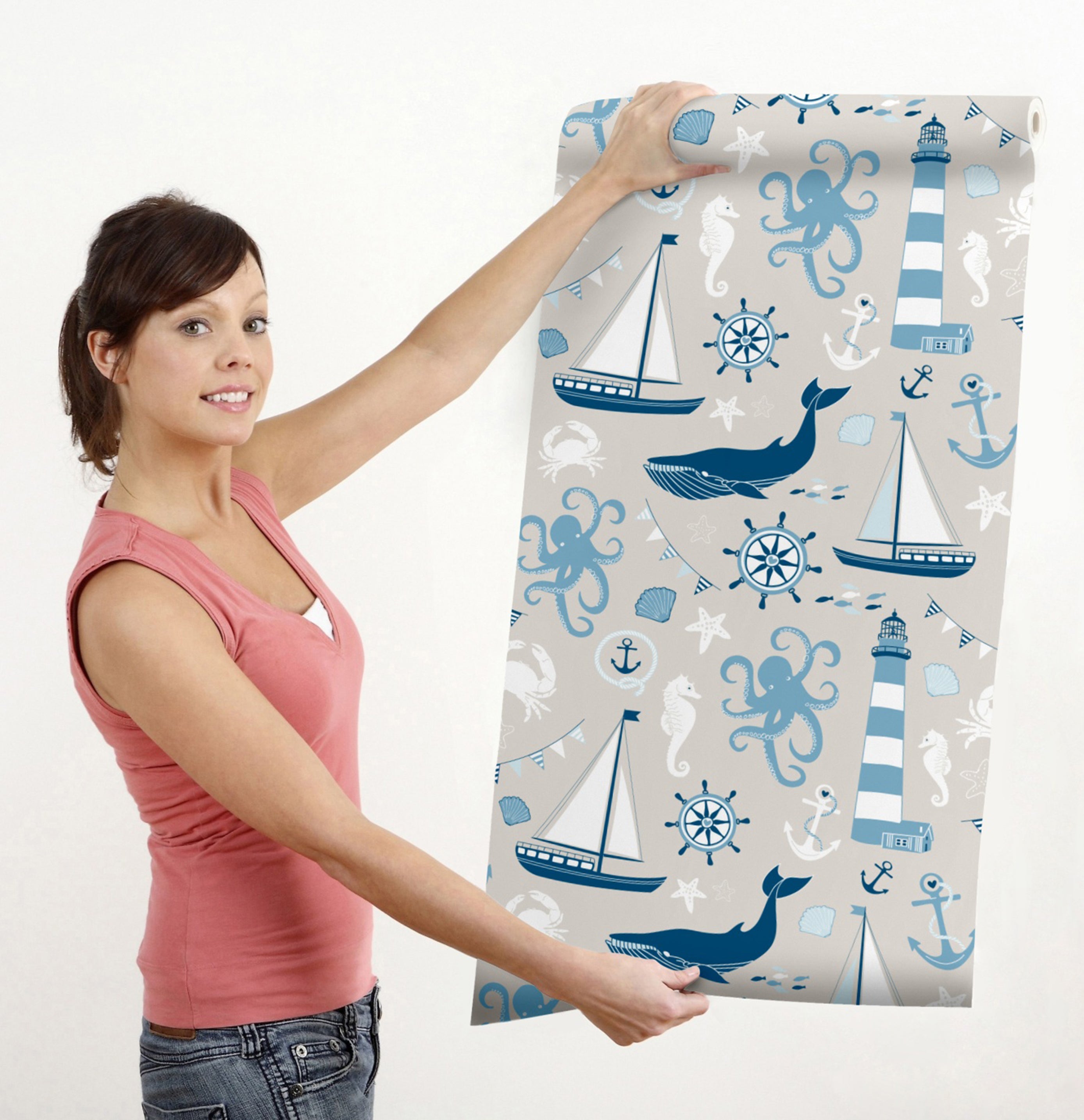 GW1041 By the Sea Peel and Stick Wallpaper Roll 20.5 inch Wide x 18 ft. Long, Light Blue Navy White Cream