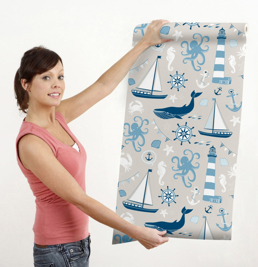 GW1041 By the Sea Peel and Stick Wallpaper Roll 19 inch Wide x 18 ft. Long Light Blue Navy White Cream