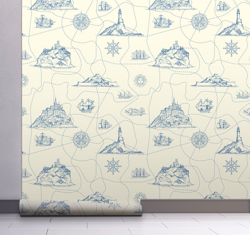 GW1051 Nautical Map Peel and Stick Wallpaper Roll 19 inch Wide x 18 ft. Long, Slate Blue Light Beige