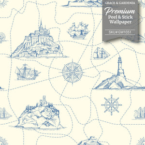 GW1051 Nautical Map Peel and Stick Wallpaper Roll 19 inch Wide x 18 ft. Long, Slate Blue Light Beige