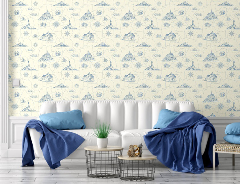 GW1051 Nautical Map Peel and Stick Wallpaper Roll 19 inch Wide x 18 ft. Long, Slate Blue Light Beige