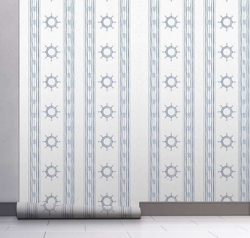 GW1061 Captain's Wheels and Knots Peel and Stick Wallpaper Roll 19 inch Wide x 18 ft. Long Cerulean Slate Blue Gray