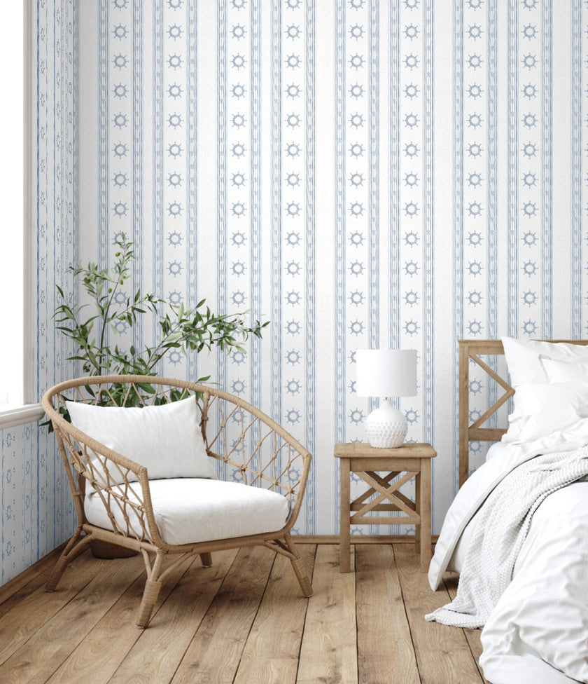 GW1061 Captain's Wheels and Knots Peel and Stick Wallpaper Roll 19 inch Wide x 18 ft. Long Cerulean Slate Blue Gray