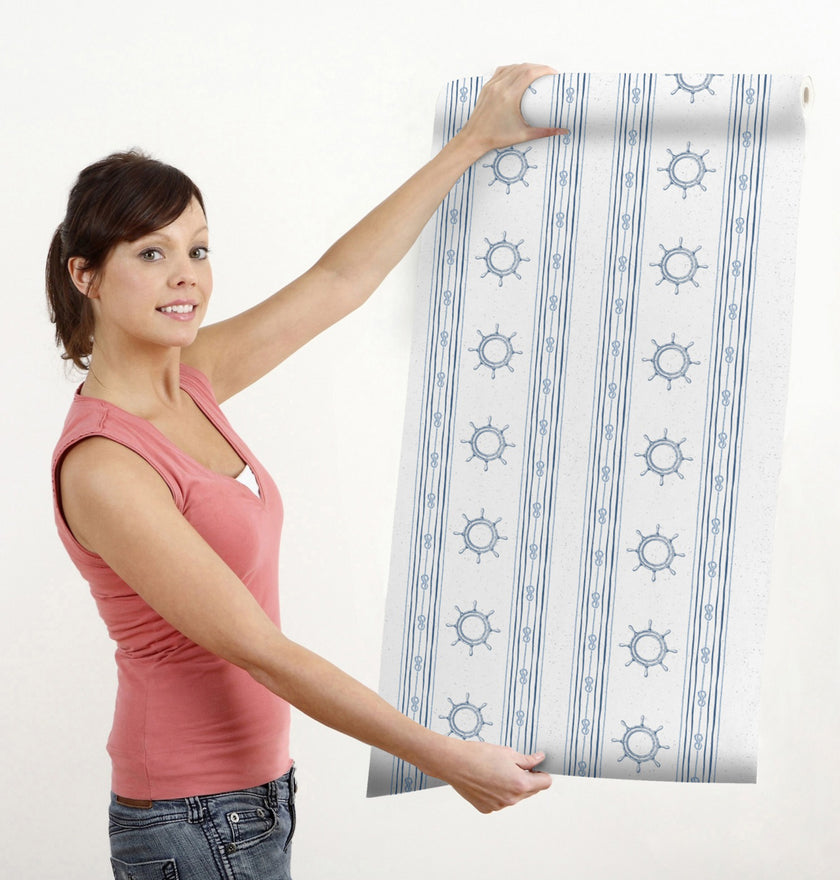 GW1061 Captain's Wheels and Knots Peel and Stick Wallpaper Roll 19 inch Wide x 18 ft. Long Cerulean Slate Blue Gray
