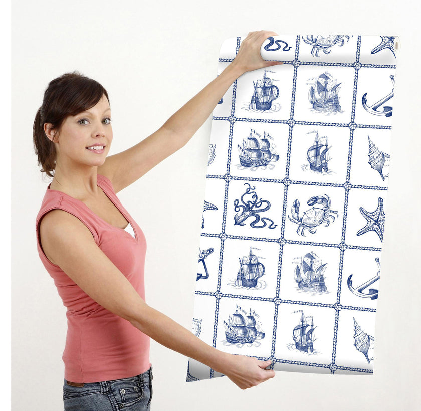 GW1071 Nautical Ships Peel and Stick Wallpaper Roll 19 inch Wide x 18 ft. Long Blue