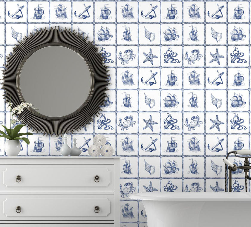 GW1071 Nautical Ships Peel and Stick Wallpaper Roll 19 inch Wide x 18 ft. Long Blue