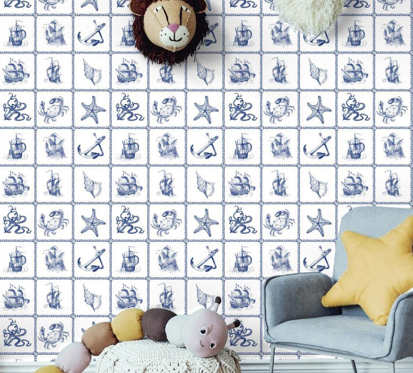 GW1071 Nautical Ships Peel and Stick Wallpaper Roll 19 inch Wide x 18 ft. Long Blue
