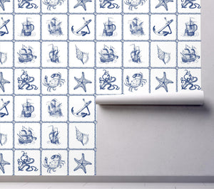 GW1071 Nautical Ships Peel and Stick Wallpaper Roll 19 inch Wide x 18 ft. Long Blue