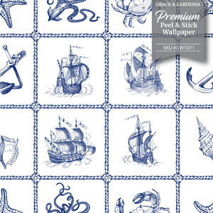 GW1071 Nautical Ships Peel and Stick Wallpaper Roll 19 inch Wide x 18 ft. Long Blue