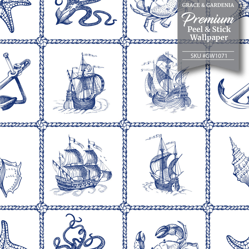 GW1071 Nautical Ships Peel and Stick Wallpaper Roll 19 inch Wide x 18 ft. Long Blue