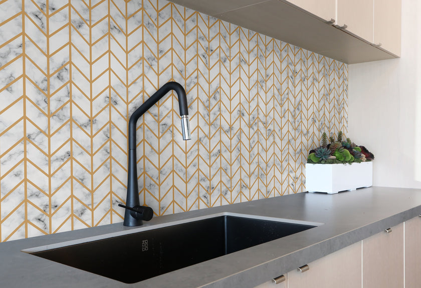 GW108031 Herringbone on Marble Peel and Stick Wallpaper Roll 19 inch Wide x 18 ft. Long, Gold White Gray