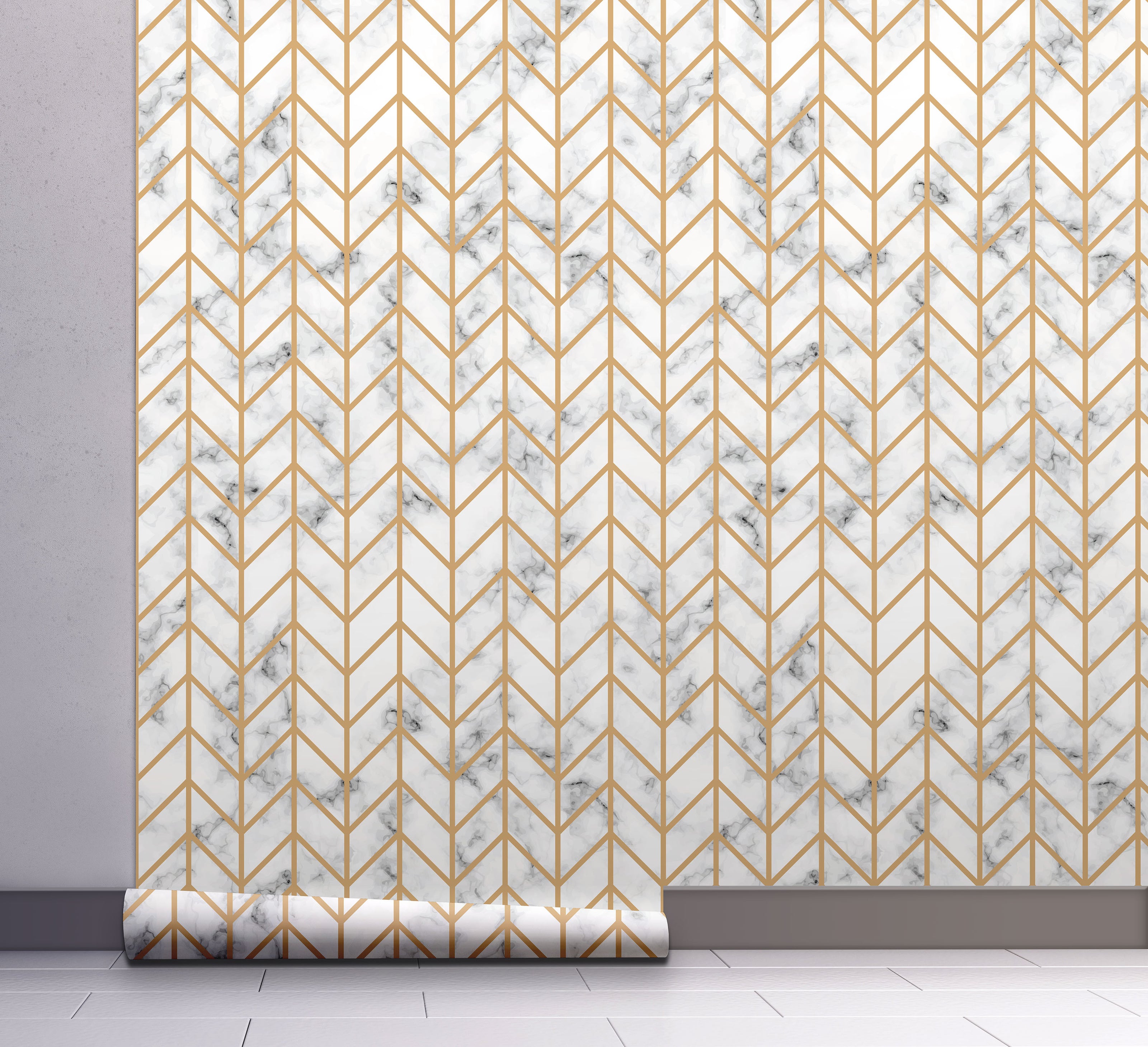 GW108031 Herringbone on Marble Peel and Stick Wallpaper Roll 20.5 inch Wide x 18 ft. Long, Gold/White/Gray