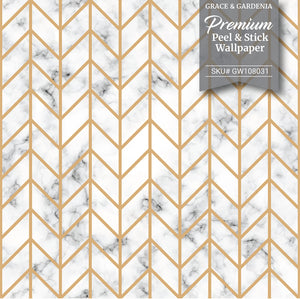 GW108031 Herringbone on Marble Peel and Stick Wallpaper Roll 19 inch Wide x 18 ft. Long, Gold White Gray