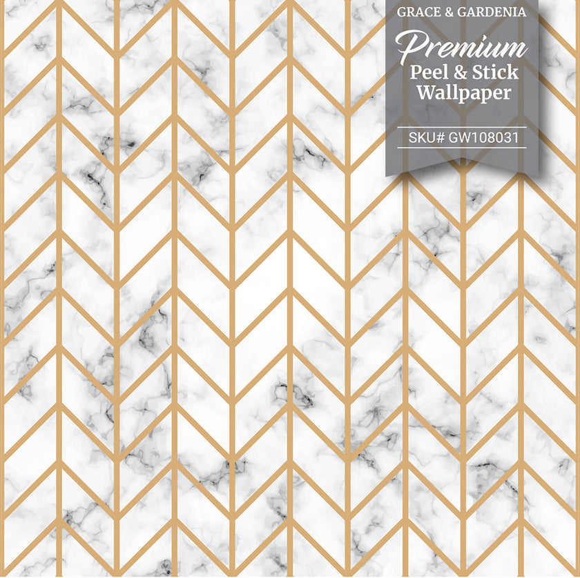 GW108031 Herringbone on Marble Peel and Stick Wallpaper Roll 19 inch Wide x 18 ft. Long, Gold White Gray