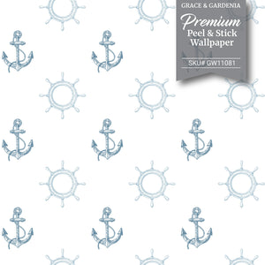 GW12081 Nautical Anchor Peel and Stick Wallpaper Roll 19 inch Wide x 18 ft. Long, Blue White