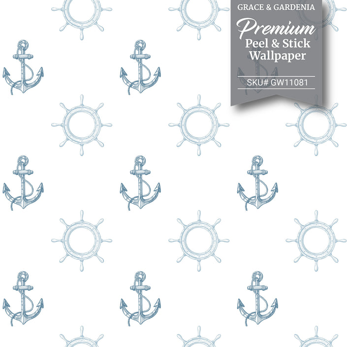 GW12081 Nautical Anchor Peel and Stick Wallpaper Roll 19 inch Wide x 18 ft. Long, Blue White
