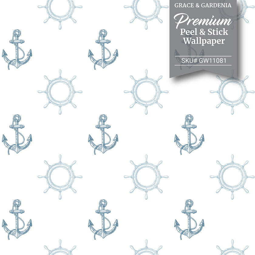 GW12081 Nautical Anchor Peel and Stick Wallpaper Roll 19 inch Wide x 18 ft. Long, Blue White