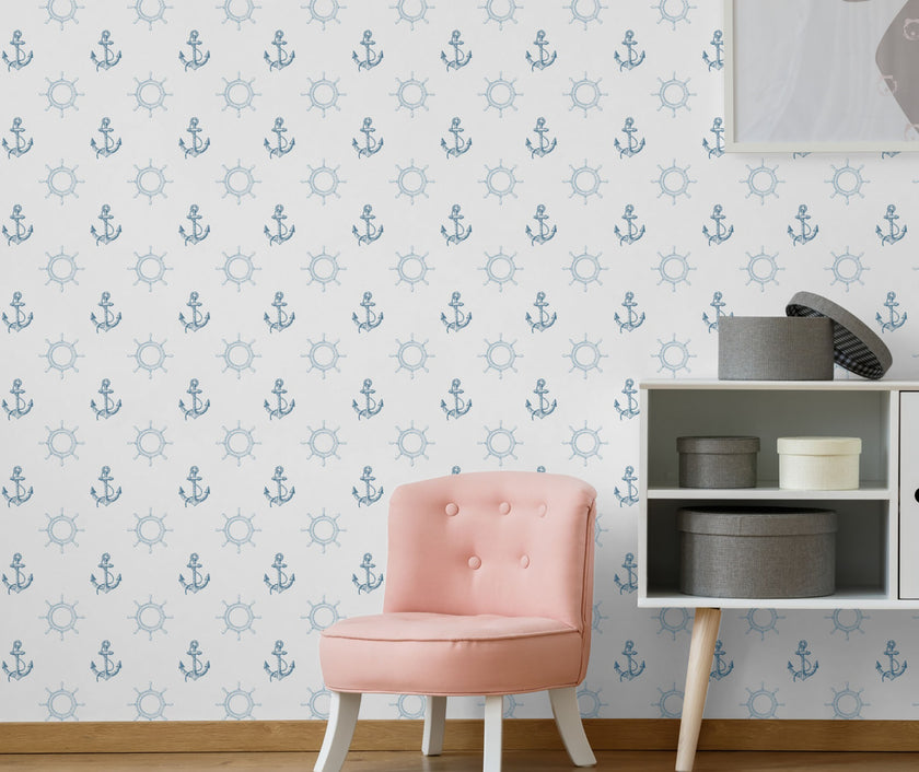 GW12081 Nautical Anchor Peel and Stick Wallpaper Roll 19 inch Wide x 18 ft. Long, Blue White