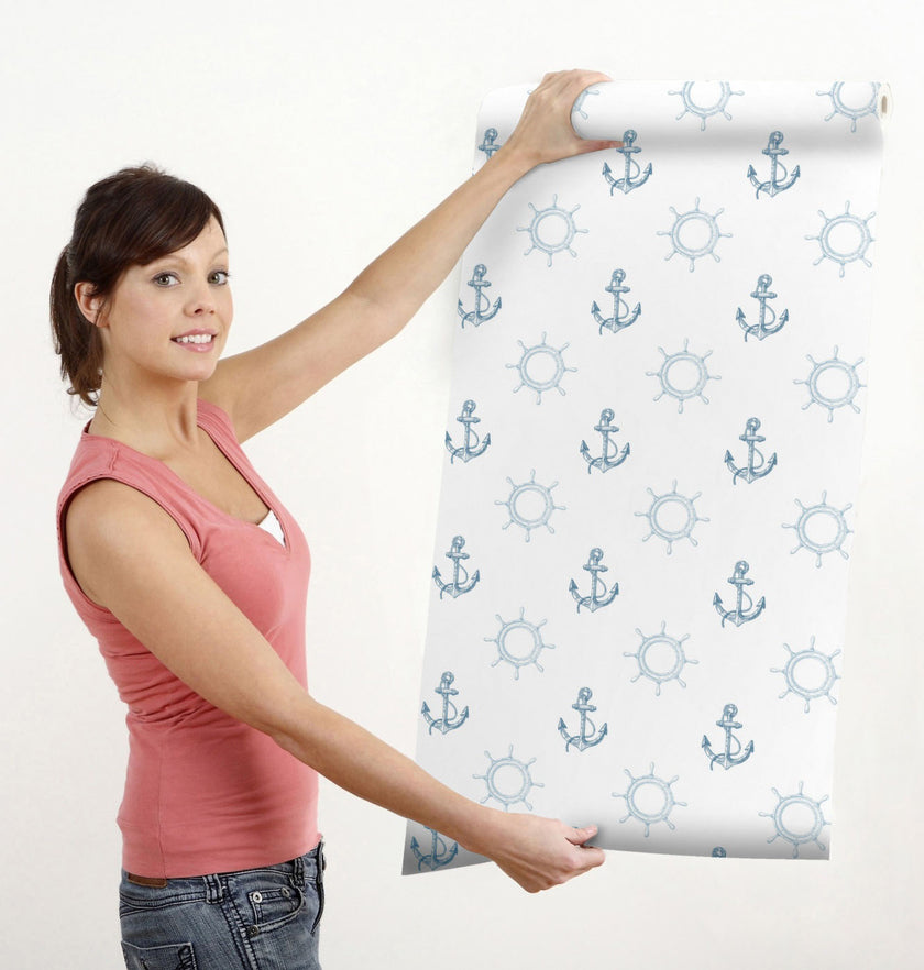 GW12081 Nautical Anchor Peel and Stick Wallpaper Roll 19 inch Wide x 18 ft. Long, Blue White