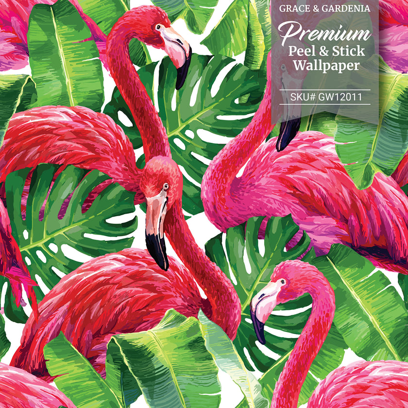 GW12011 Tropical Flamingo Peel and Stick Wallpaper Roll 19 inch  x 18 ft. Long Pink Green