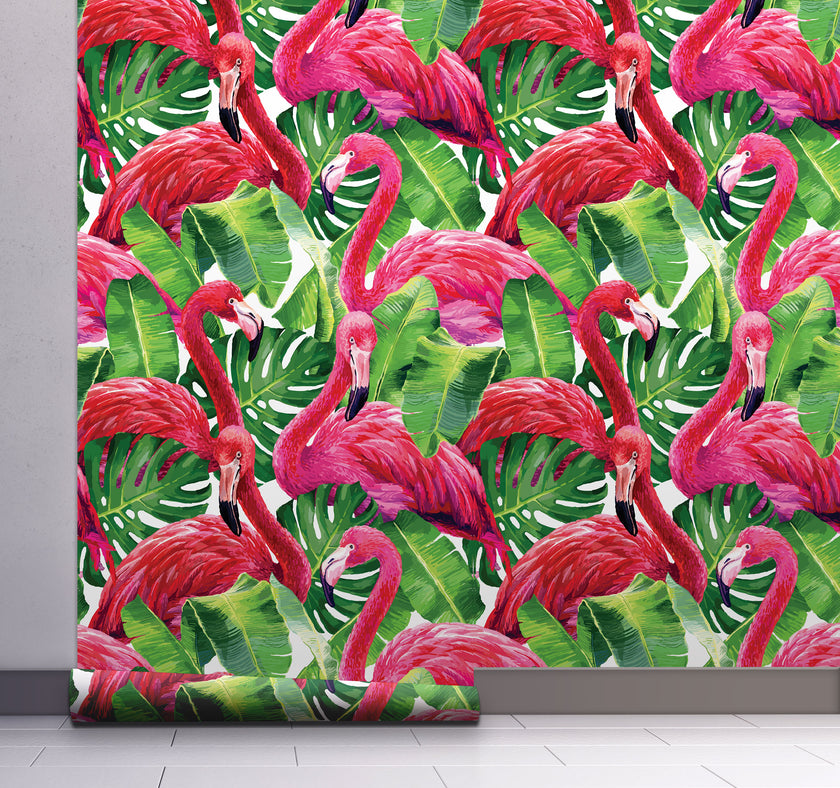 GW12011 Tropical Flamingo Peel and Stick Wallpaper Roll 19 inch  x 18 ft. Long Pink Green