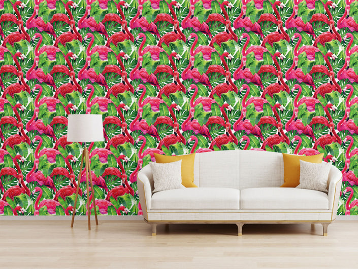 GW12011 Tropical Flamingo Peel and Stick Wallpaper Roll 19 inch  x 18 ft. Long Pink Green