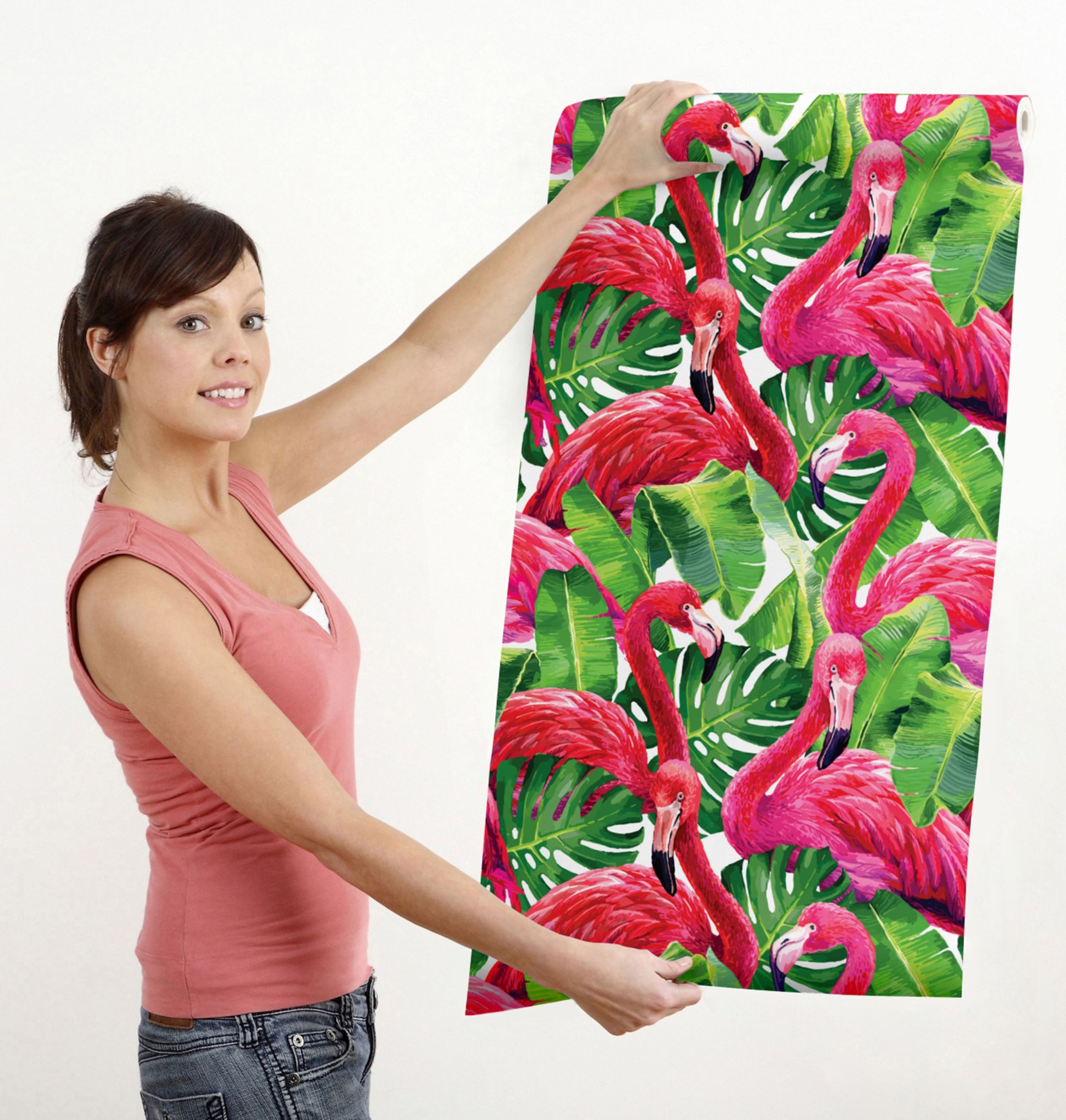 GW12011 Grace & Gardenia Tropical Flamingo Peel and Stick Wallpaper Roll 20.5 inch  x 18 ft. Long Pink Green