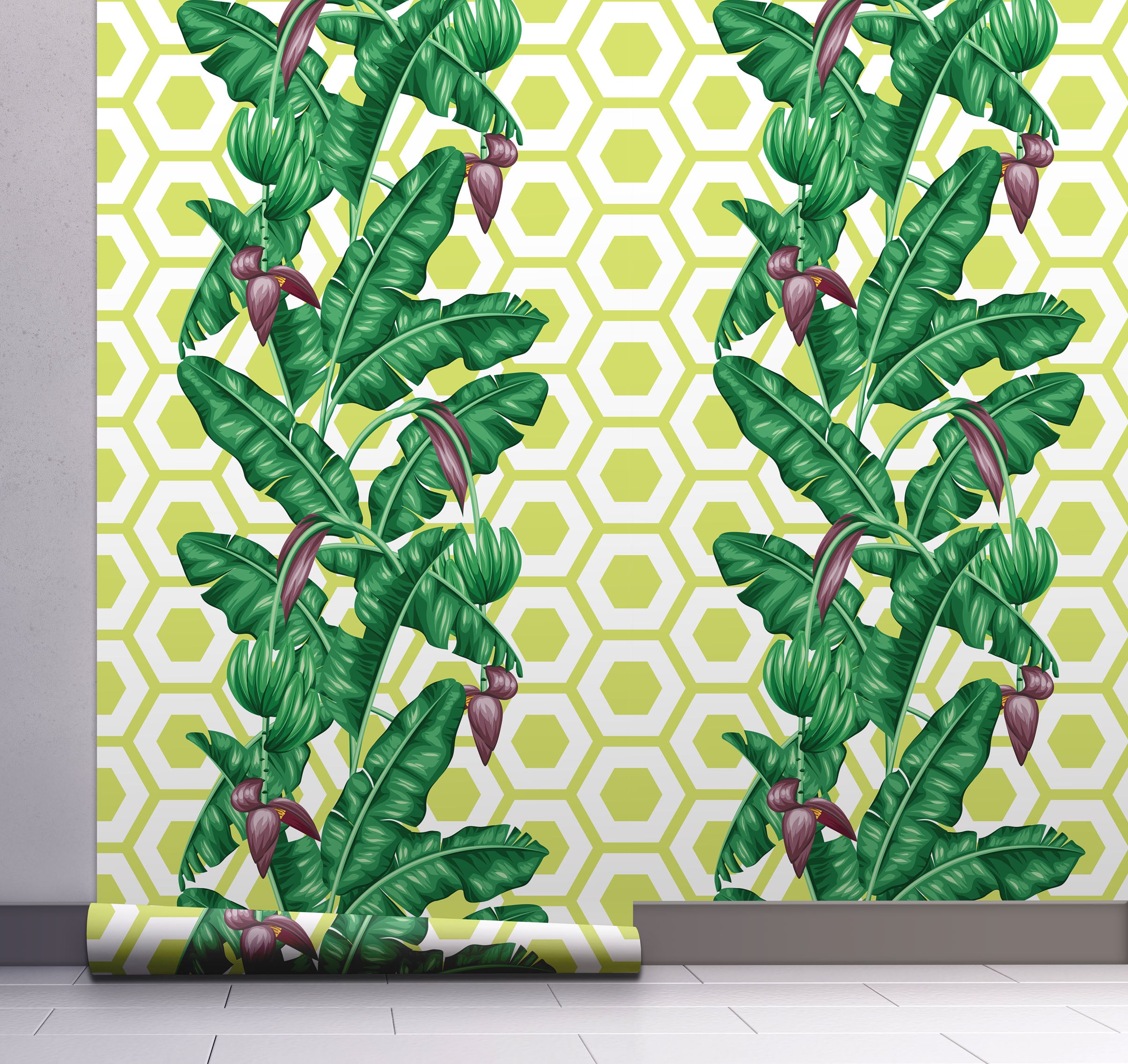 GW12021 Geometric Banana Leaf Peel and Stick Wallpaper Roll 20.5 inch Wide x 18 ft. Long Green/Purple