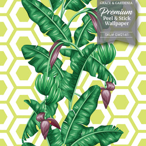 GW12021 Geometric Banana Leaf Peel and Stick Wallpaper Roll 19 inch Wide x 18 ft. Long Green Purple