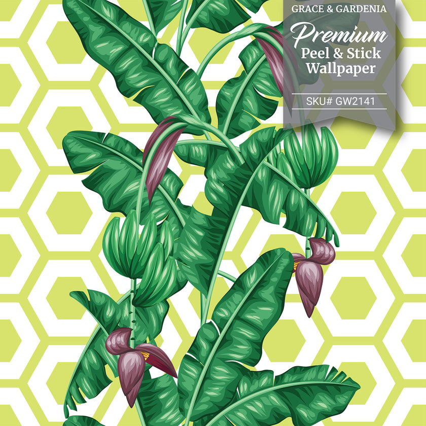 GW12021 Geometric Banana Leaf Peel and Stick Wallpaper Roll 19 inch Wide x 18 ft. Long Green Purple