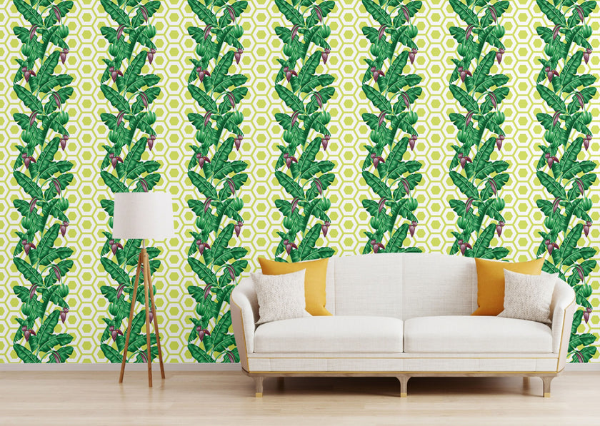 GW12021 Geometric Banana Leaf Peel and Stick Wallpaper Roll 19 inch Wide x 18 ft. Long Green Purple
