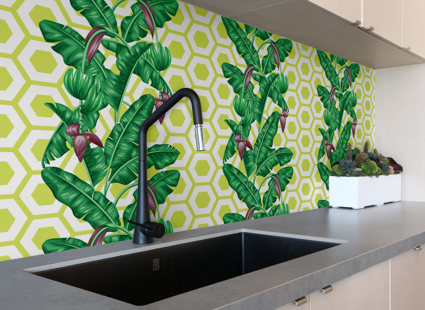 GW12021 Geometric Banana Leaf Peel and Stick Wallpaper Roll 19 inch Wide x 18 ft. Long Green Purple