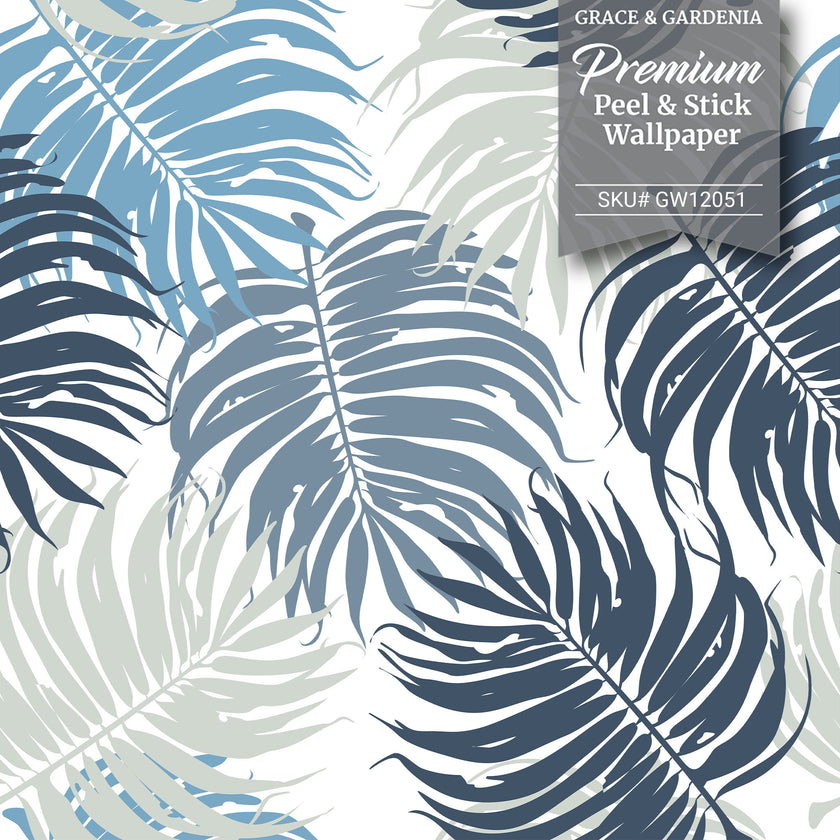 GW12051 Blue and Gray Leaves Peel and Stick Wallpaper Roll 19 inch Wide x 18 ft. Long Blue Gray