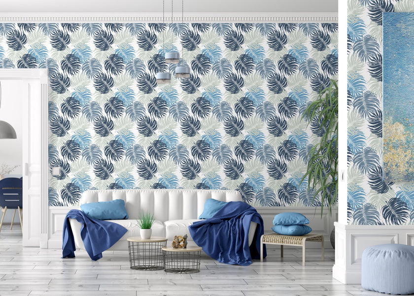 GW12051 Blue and Gray Leaves Peel and Stick Wallpaper Roll 19 inch Wide x 18 ft. Long Blue Gray