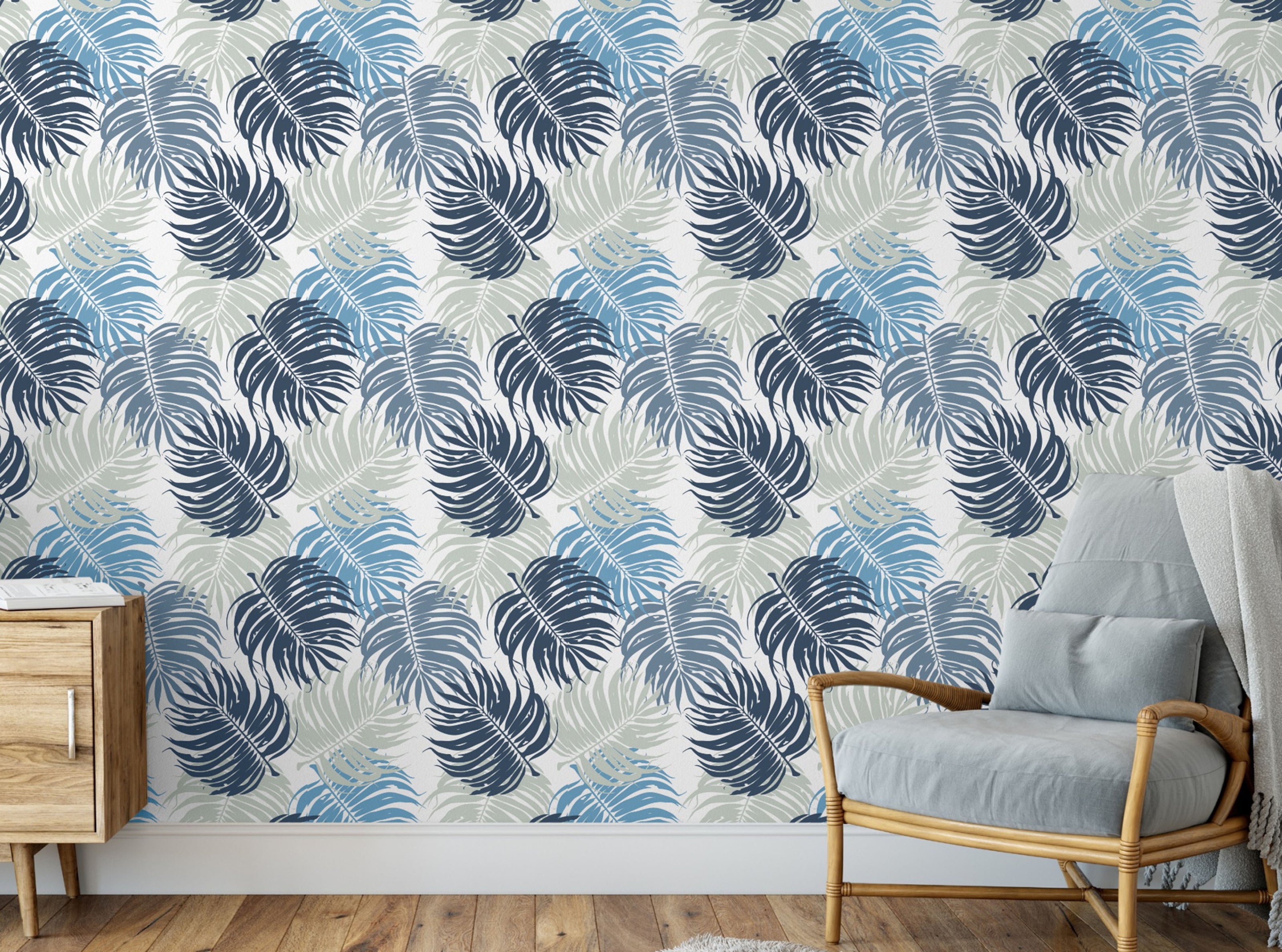 GW12051 Blue and Gray Leaves  Peel and Stick Wallpaper Roll 20.5 inch Wide x 18 ft. Long, Blue/Gray