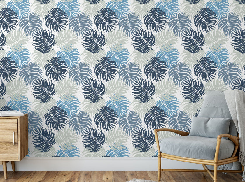 GW12051 Blue and Gray Leaves Peel and Stick Wallpaper Roll 19 inch Wide x 18 ft. Long Blue Gray