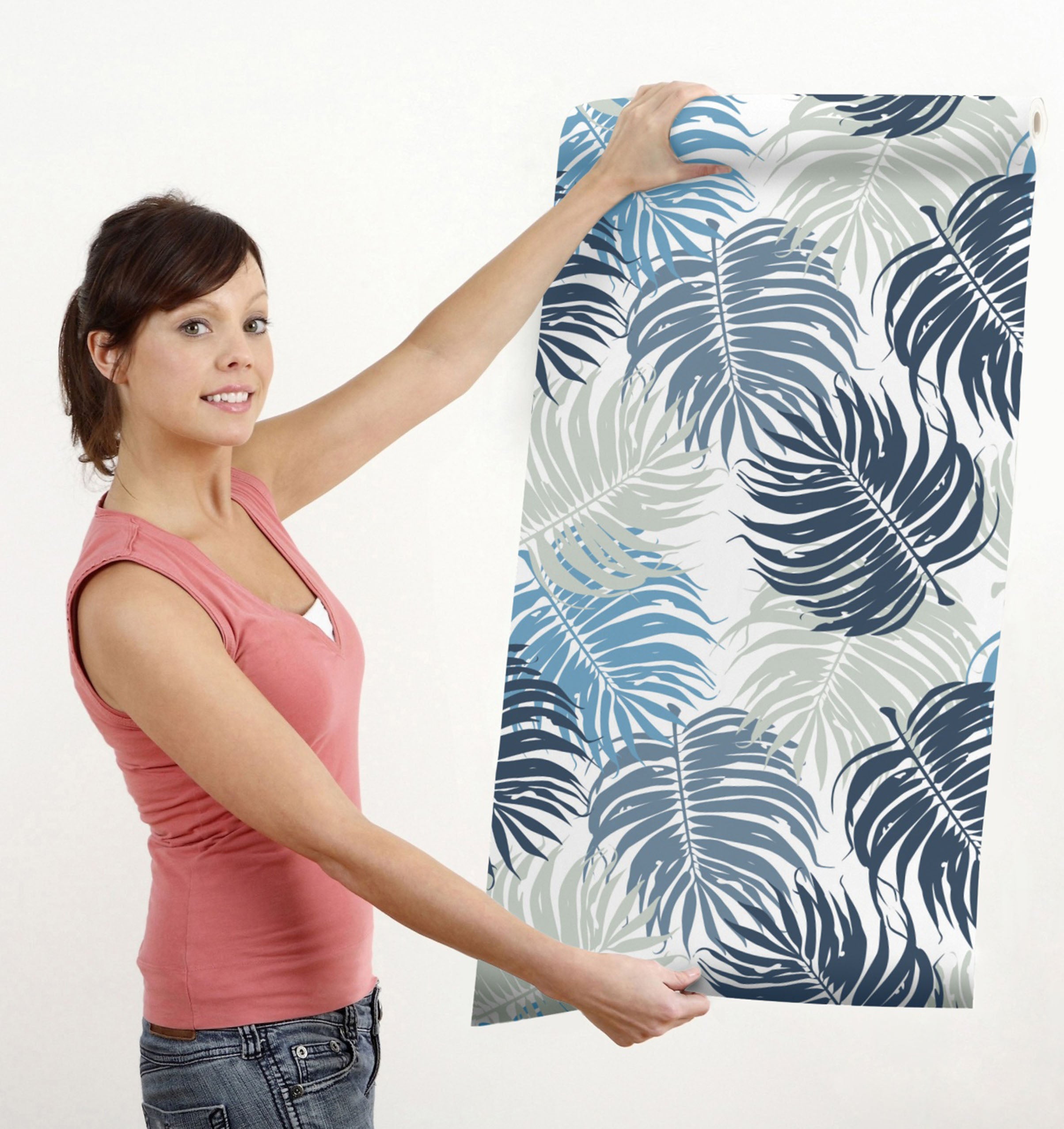 GW12051 Blue and Gray Leaves  Peel and Stick Wallpaper Roll 20.5 inch Wide x 18 ft. Long, Blue/Gray