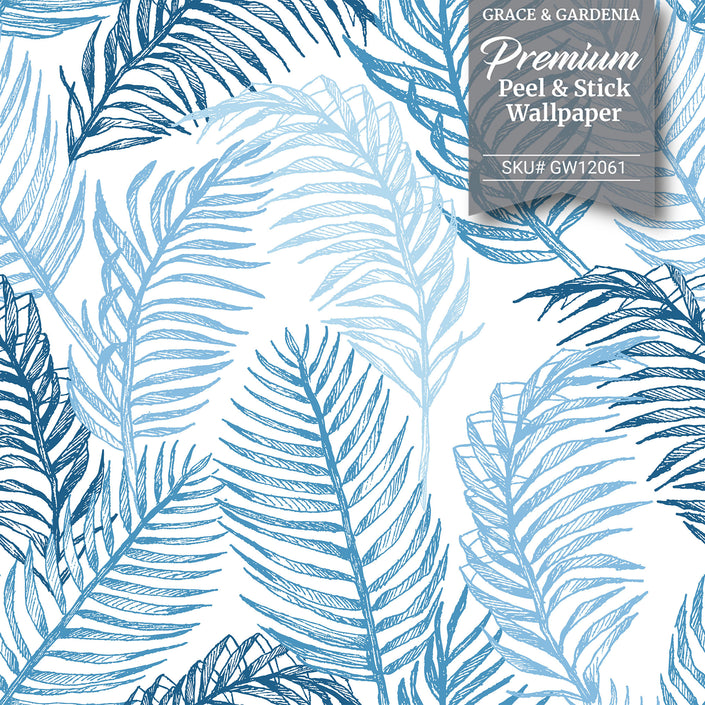 GW12061 Hand Drawn Palms Peel and Stick Wallpaper Roll 20.5 inch Wide x 18 ft. Long, Blue