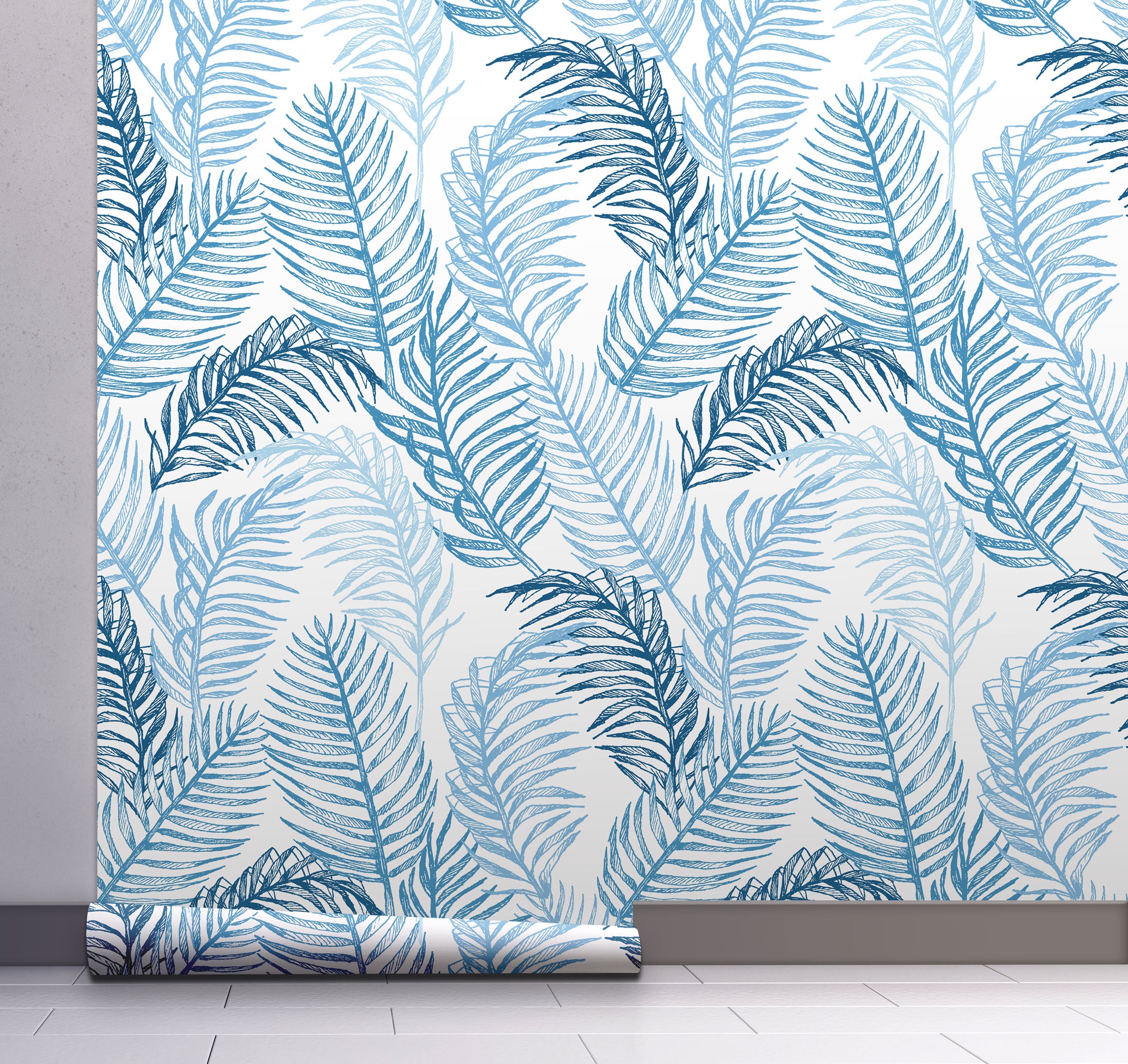 GW12061 Hand Drawn Palms Peel and Stick Wallpaper Roll 20.5 inch Wide x 18 ft. Long, Blue