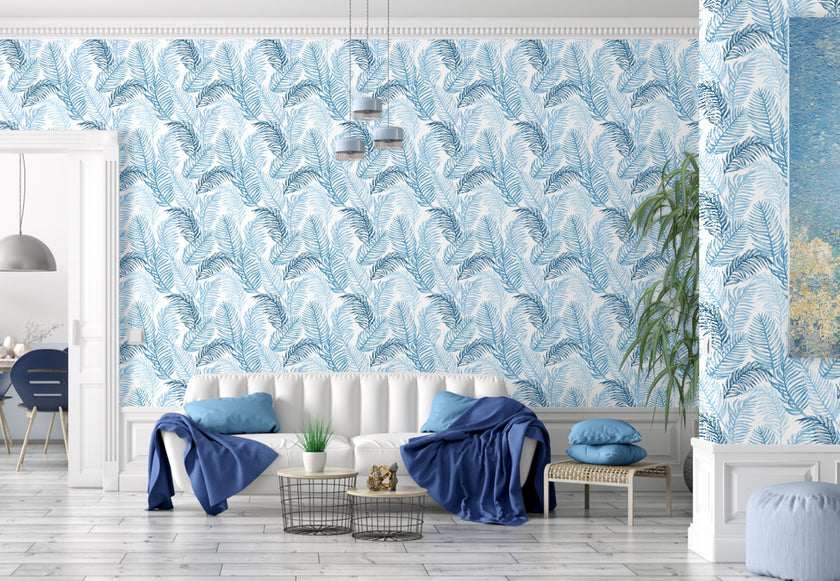 GW12061 Hand Drawn Palms Peel and Stick Wallpaper Roll 19 inch Wide x 18 ft. Long, Blue